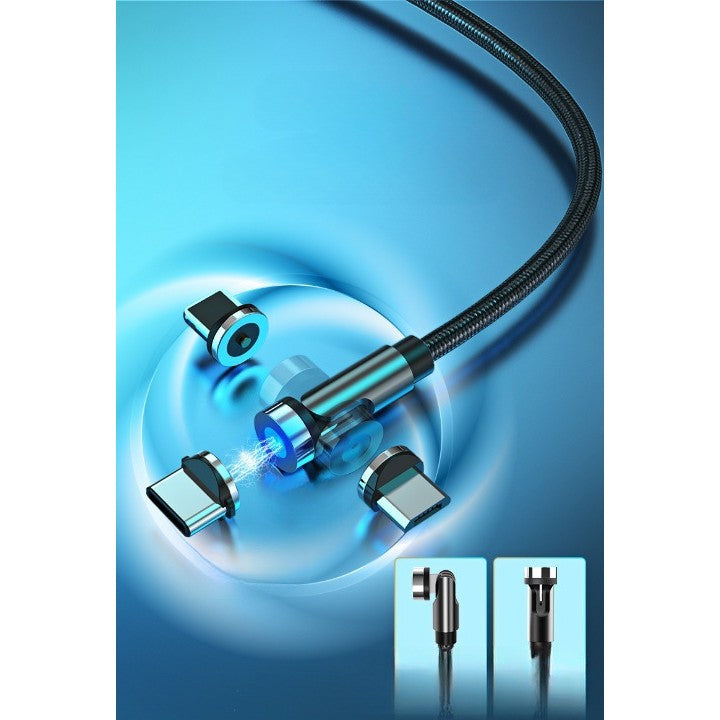 Cablu de incarcare magnetic 3 in 1 360 grade + 180 grade, 1 m, micro, type C, iPhone, 5 V, 2.1 A, Negru