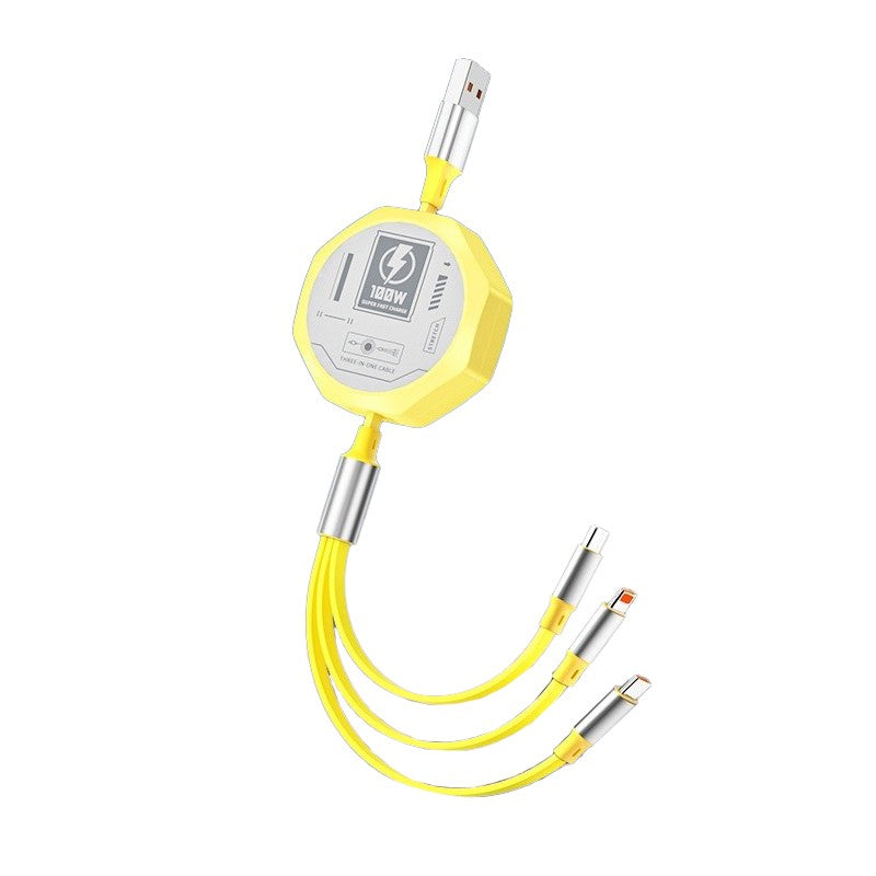 Cablu Retractabil 3in 1 pentru Telefon, Cablu de incarcare rapida 100W, stil Mecha, potrivit pentru Auto, Universal 1.2M, Galben