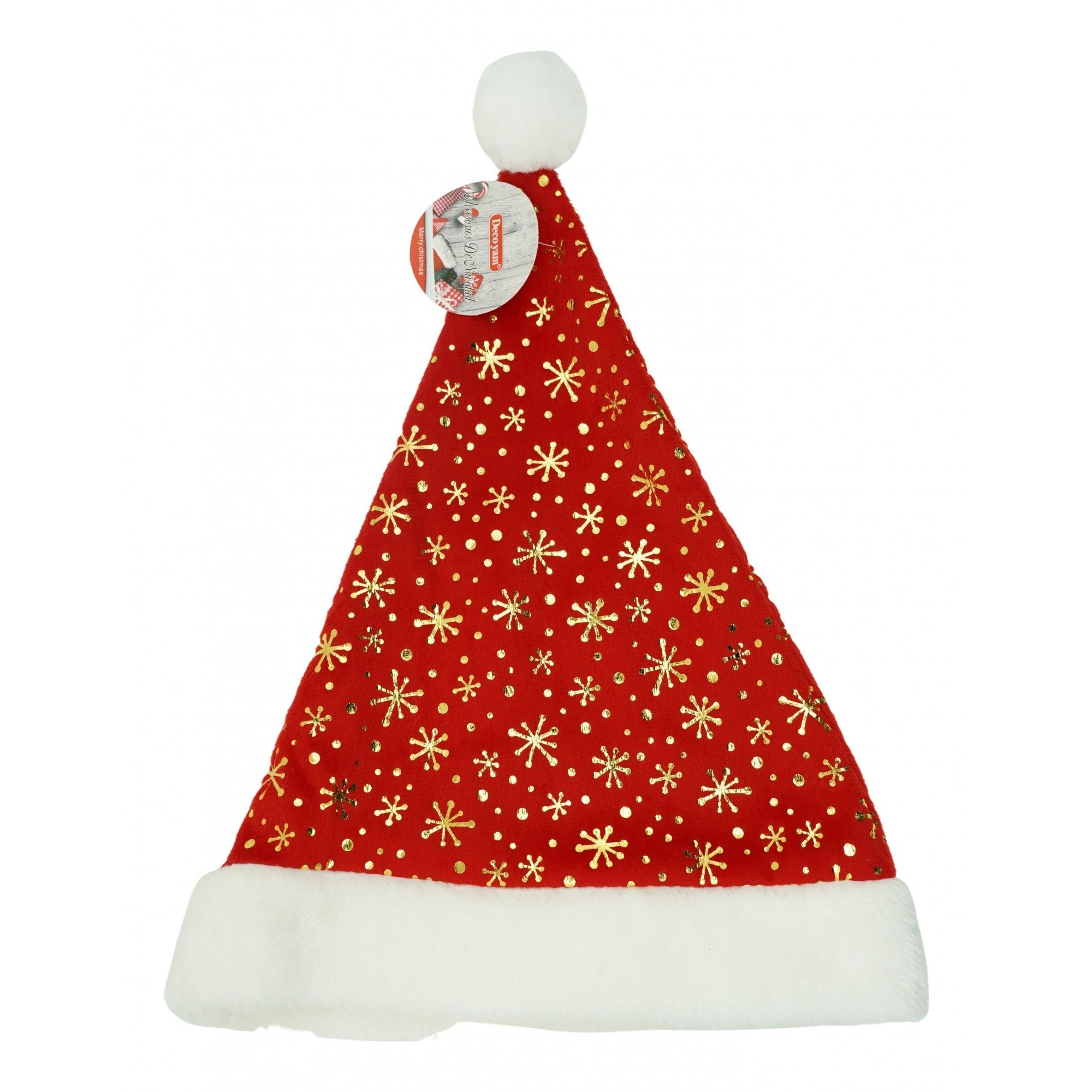 Caciulita de Mos Craciun,cu ornament auriu fulg de nea, rosie, marime universala, material textil