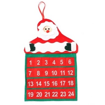 Calendar de Craciun Mos Craciun, tip decoratiune, material poliester, cu buzunarele, pentru brad sau prete, 20 x 30 cm, multicolor