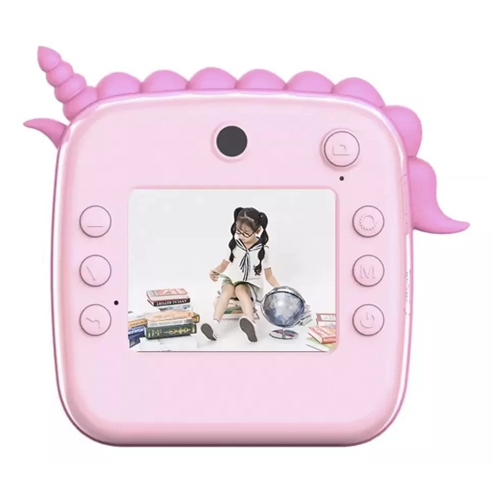 Camera Instantanee pentru Copii, Camera Frontala + Selfie, cu Functie de Printare, Cablu USB-C, Bluetooth, Compatibil iOS/Android, Model Unicorn, Snur Inclus, Roz