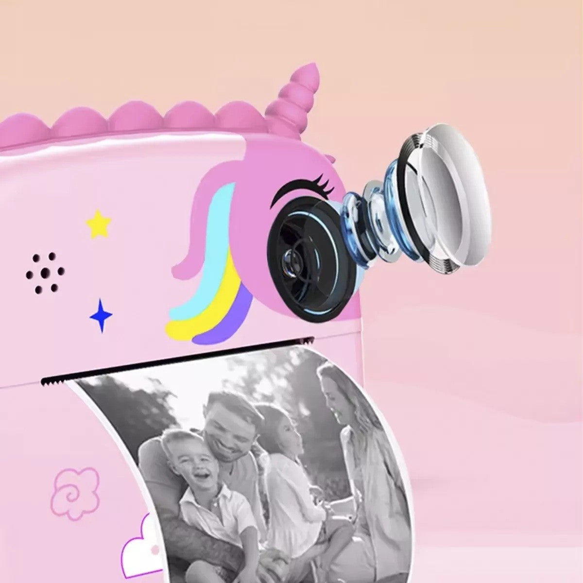 Camera Instantanee pentru Copii, Camera Frontala + Selfie, cu Functie de Printare, Cablu USB-C, Bluetooth, Compatibil iOS/Android, Model Unicorn, Snur Inclus, Roz