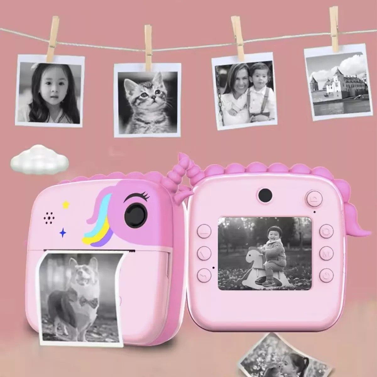 Camera Instantanee pentru Copii, Camera Frontala + Selfie, cu Functie de Printare, Cablu USB-C, Bluetooth, Compatibil iOS/Android, Model Unicorn, Snur Inclus, Roz