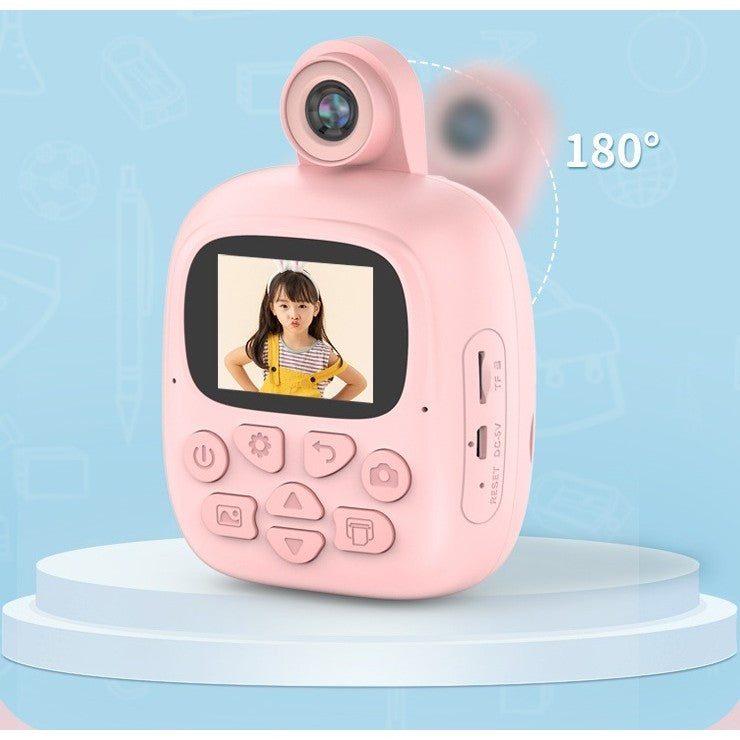 Camera Instantanee pentru Copii, Camera Frontala + Selfie, cu Functie de Printare, Cablu USB-C, Bluetooth, Compatibil iOS/Android, Imprimare APP, Model Bunny, Roz