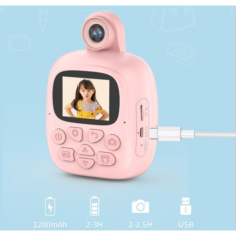 Camera Instantanee pentru Copii, Camera Frontala + Selfie, cu Functie de Printare, Cablu USB-C, Bluetooth, Compatibil iOS/Android, Imprimare APP, Model Bunny, Roz