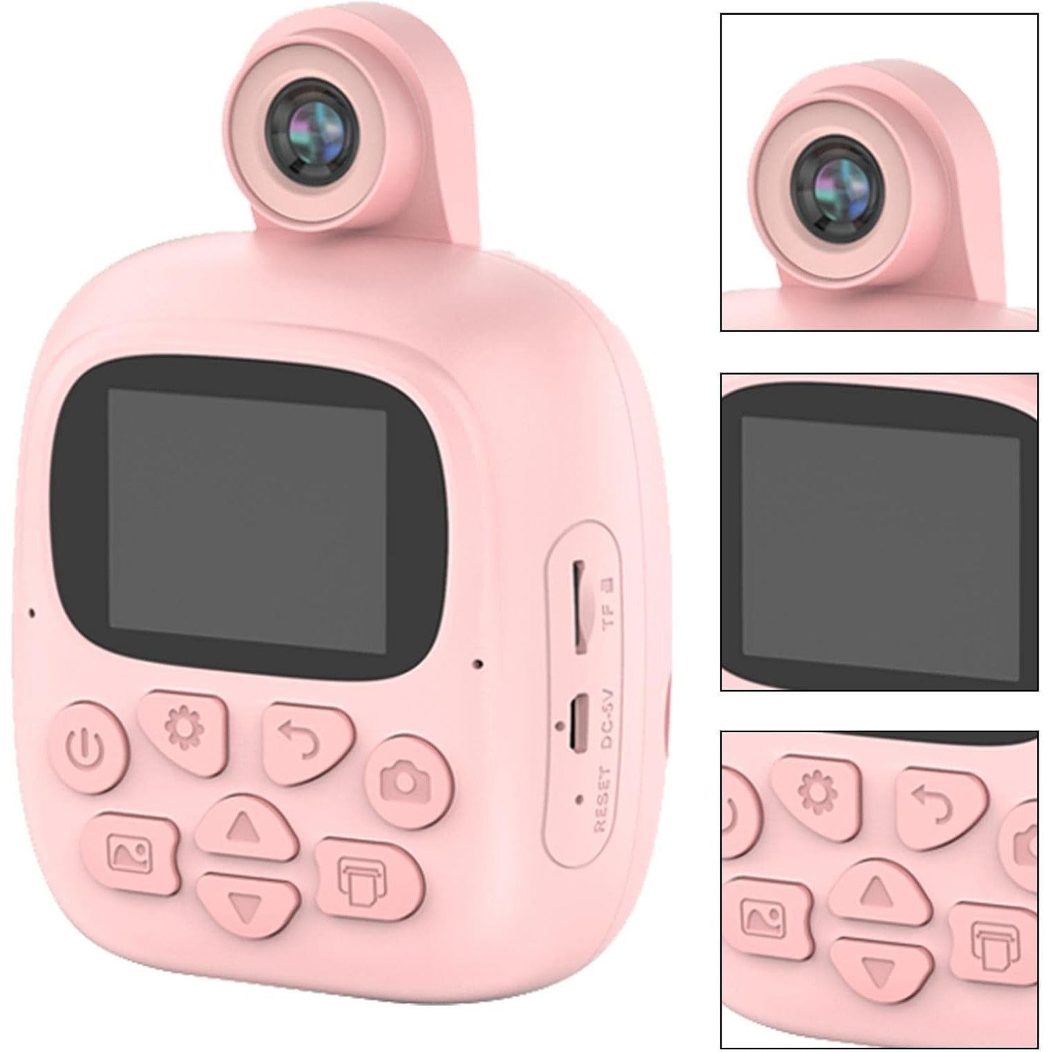 Camera Instantanee pentru Copii, Camera Frontala + Selfie, cu Functie de Printare, Cablu USB-C, Bluetooth, Compatibil iOS/Android, Imprimare APP, Model Bunny, Roz