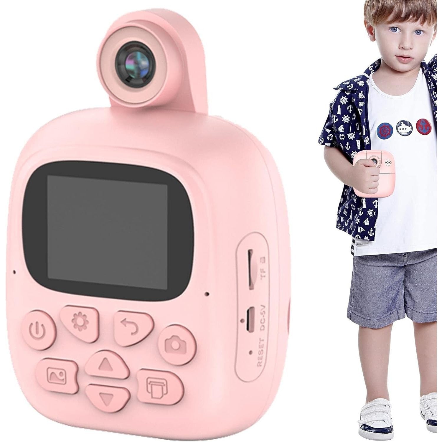 Camera Instantanee pentru Copii, Camera Frontala + Selfie, cu Functie de Printare, Cablu USB-C, Bluetooth, Compatibil iOS/Android, Imprimare APP, Model Bunny, Roz