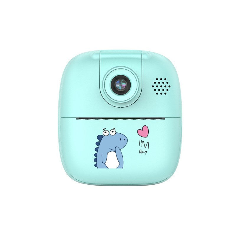Camera Instantanee pentru Copii, Camera Frontala + Selfie, cu Functie de Printare, Cablu USB-C, Bluetooth, Compatibil iOS/Android, Imprimare APP, Model Dino, Albastru