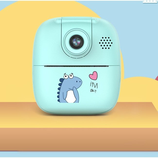 Camera Instantanee pentru Copii, Camera Frontala + Selfie, cu Functie de Printare, Cablu USB-C, Bluetooth, Compatibil iOS/Android, Imprimare APP, Model Dino, Albastru