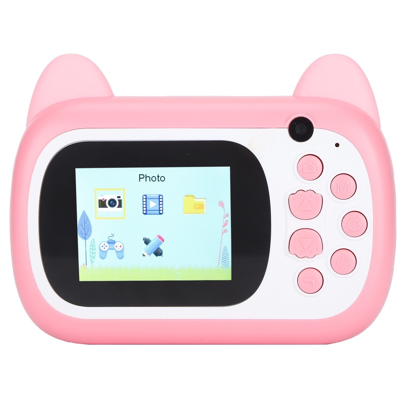 Camera Instantanee pentru Copii, Camera Frontala + Selfie, cu Functie de Printare, Cablu USB-C, Bluetooth, Compatibil iOS/Android, Imprimare APP, Model Pisica Smiley Face, Roz