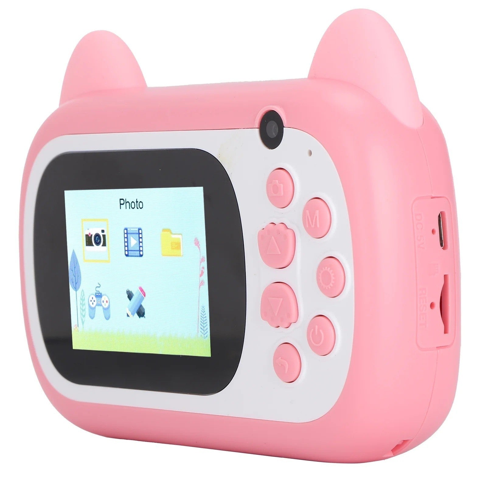 Camera Instantanee pentru Copii, Camera Frontala + Selfie, cu Functie de Printare, Cablu USB-C, Bluetooth, Compatibil iOS/Android, Imprimare APP, Model Pisica Smiley Face, Roz