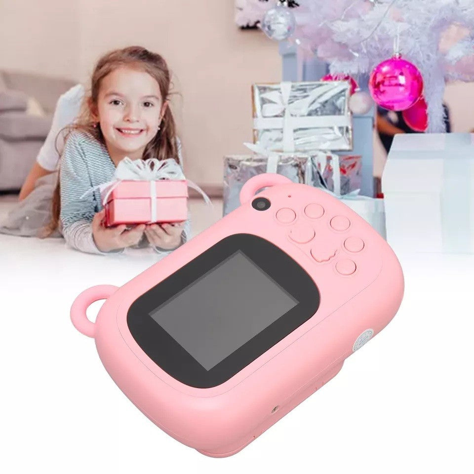 Camera Instantanee pentru Copii, Camera Frontala + Selfie, cu Functie de Printare, Cablu USB-C, Bluetooth, Compatibil iOS/Android, Imprimare APP, Model Iepure Love, Roz