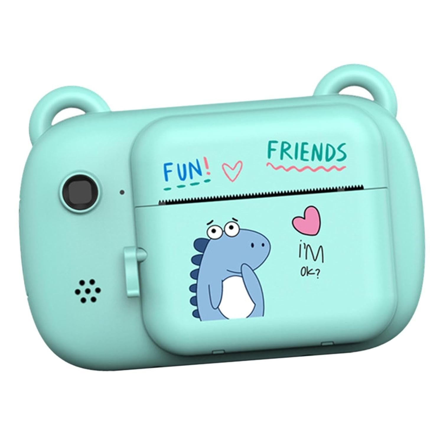 Camera Instantanee pentru Copii, Camera Frontala + Selfie, cu Functie de Printare, Cablu USB-C, Bluetooth, Compatibil iOS/Android, Imprimare APP, Model Dino Love, Albastru