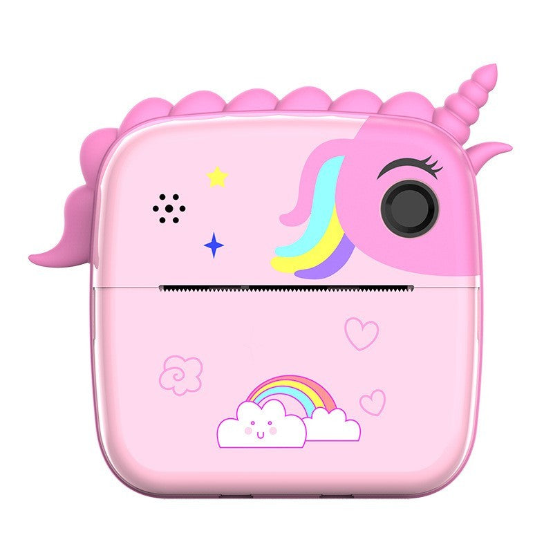 Camera Instantanee pentru Copii, Camera Frontala + Selfie, cu Functie de Printare, Cablu USB-C, Bluetooth, Compatibil iOS/Android, Model Unicorn, Snur Inclus, Roz
