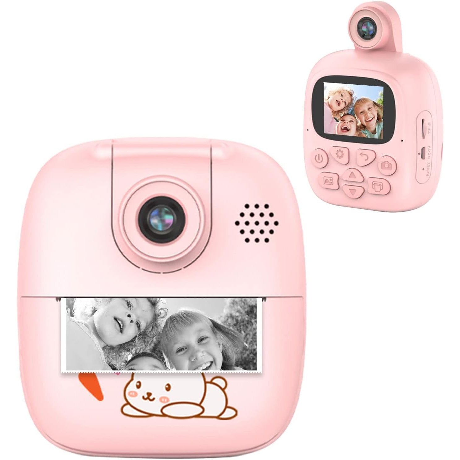 Camera Instantanee pentru Copii, Camera Frontala + Selfie, cu Functie de Printare, Cablu USB-C, Bluetooth, Compatibil iOS/Android, Imprimare APP, Model Bunny, Roz