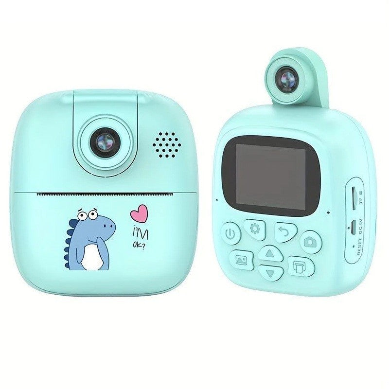 Camera Instantanee pentru Copii, Camera Frontala + Selfie, cu Functie de Printare, Cablu USB-C, Bluetooth, Compatibil iOS/Android, Imprimare APP, Model Dino, Albastru