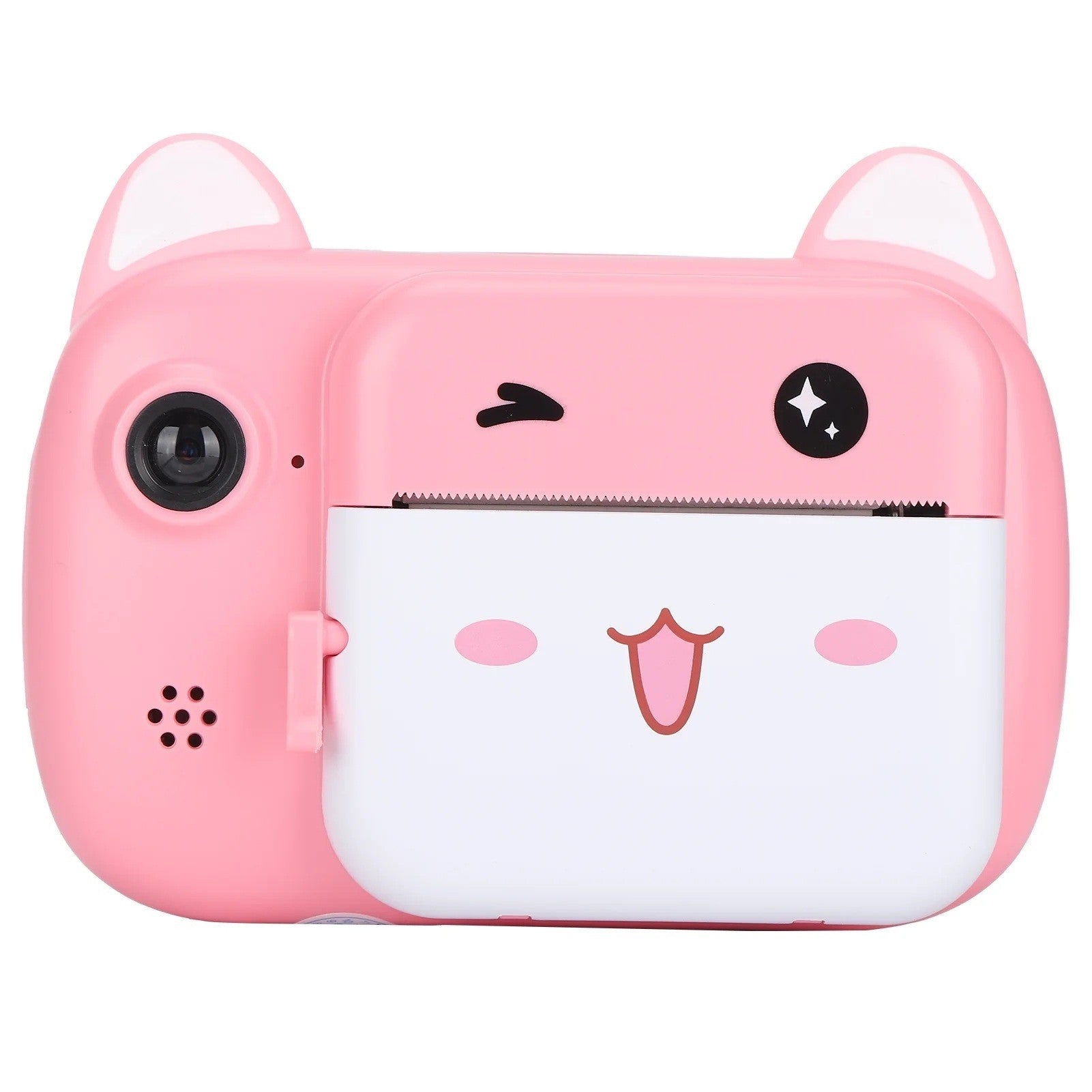 Camera Instantanee pentru Copii, Camera Frontala + Selfie, cu Functie de Printare, Cablu USB-C, Bluetooth, Compatibil iOS/Android, Imprimare APP, Model Pisica Smiley Face, Roz