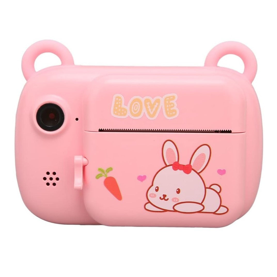 Camera Instantanee pentru Copii, Camera Frontala + Selfie, cu Functie de Printare, Cablu USB-C, Bluetooth, Compatibil iOS/Android, Imprimare APP, Model Iepure Love, Roz