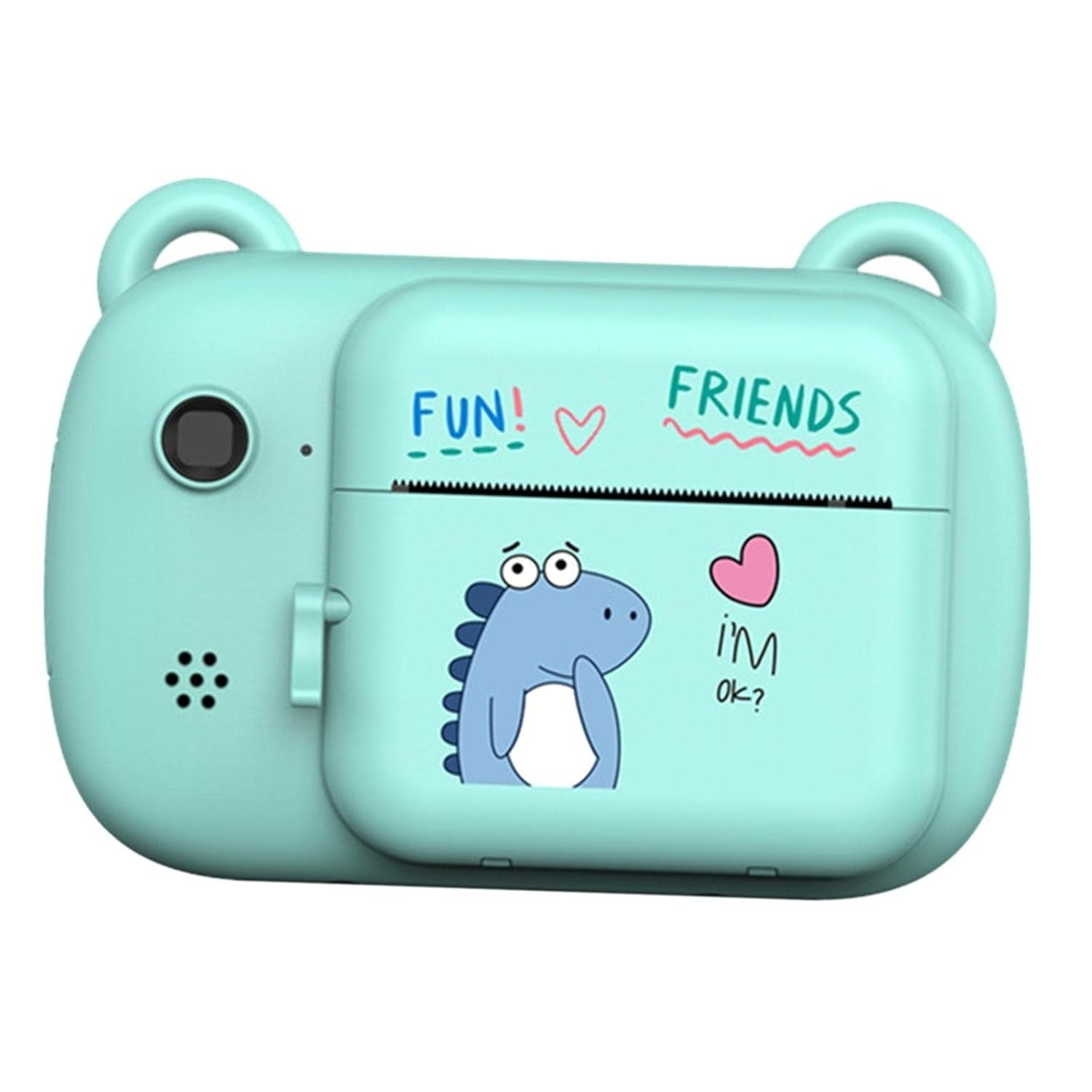 Camera Instantanee pentru Copii, Camera Frontala + Selfie, cu Functie de Printare, Cablu USB-C, Bluetooth, Compatibil iOS/Android, Imprimare APP, Model Dino Love, Albastru