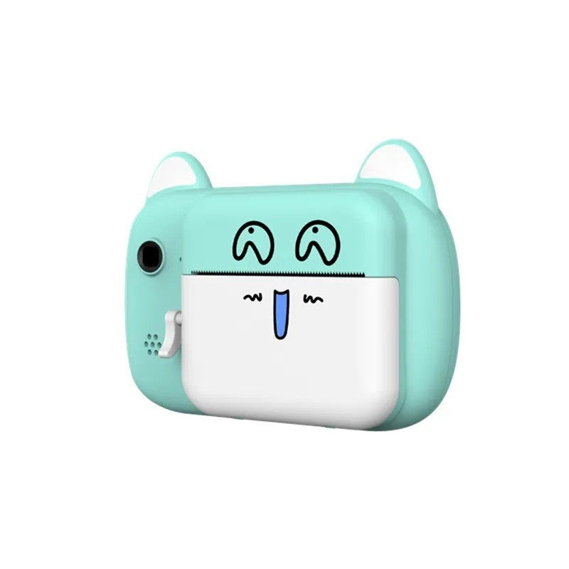 Camera Instantanee pentru Copii, Camera Frontala + Selfie, cu Functie de Printare, Cablu USB-C, Bluetooth, Compatibil iOS/Android, Imprimare APP, Model Pisica Smiley Face, Verde