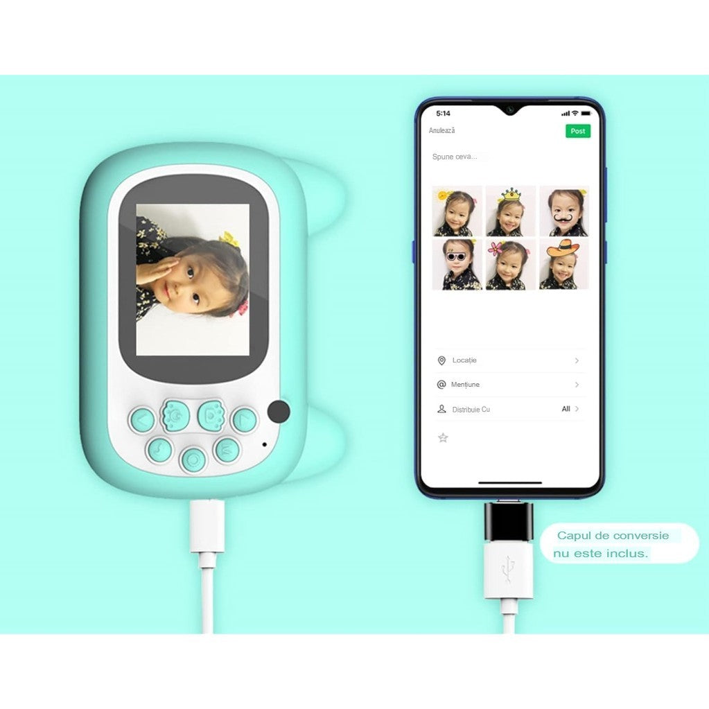Camera Instantanee pentru Copii, Camera Frontala + Selfie, cu Functie de Printare, Cablu USB-C, Bluetooth, Compatibil iOS/Android, Imprimare APP, Model Pisica Smiley Face, Verde