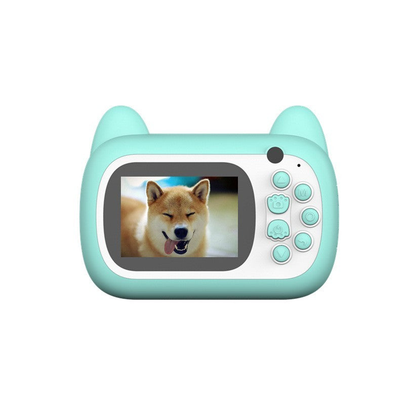Camera Instantanee pentru Copii, Camera Frontala + Selfie, cu Functie de Printare, Cablu USB-C, Bluetooth, Compatibil iOS/Android, Imprimare APP, Model Pisica Smiley Face, Verde