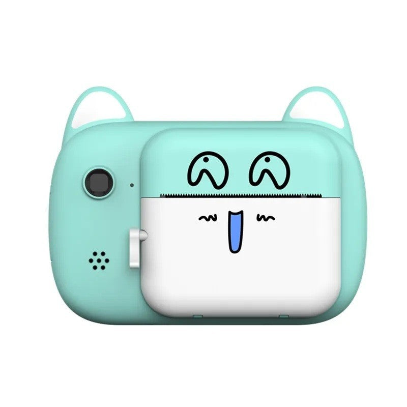 Camera Instantanee pentru Copii, Camera Frontala + Selfie, cu Functie de Printare, Cablu USB-C, Bluetooth, Compatibil iOS/Android, Imprimare APP, Model Pisica Smiley Face, Verde