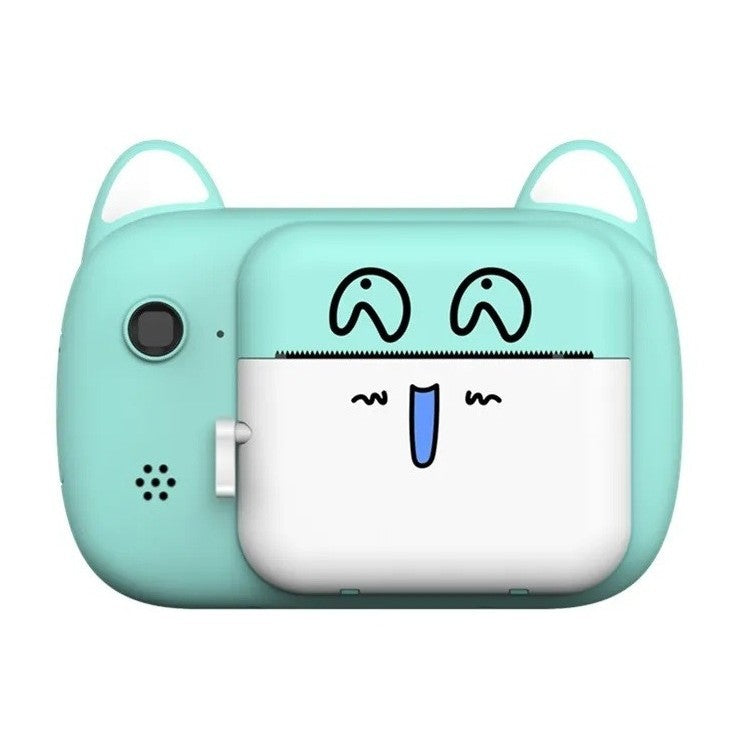 Camera Instantanee pentru Copii, Camera Frontala + Selfie, cu Functie de Printare, Cablu USB-C, Bluetooth, Compatibil iOS/Android, Imprimare APP, Model Pisica Smiley Face, Verde