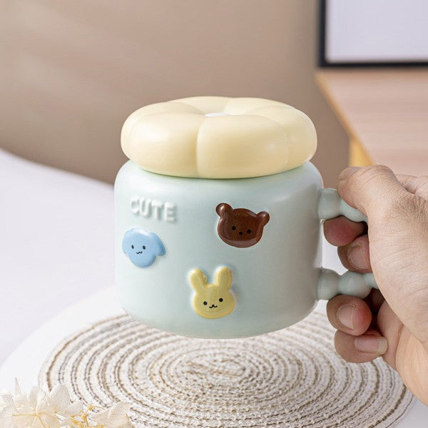 Cana pentru Copii, din Portelan, print Figurine Animalute, Model CUTE, Cana cu Capac, Ceasca pentru Cafea, Ceai, 400ml Albastru deschis