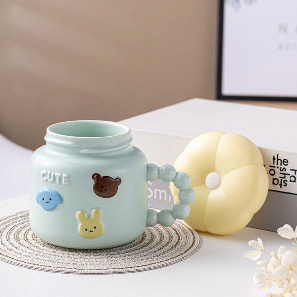 Cana pentru Copii, din Portelan, print Figurine Animalute, Model CUTE, Cana cu Capac, Ceasca pentru Cafea, Ceai, 400ml Albastru deschis