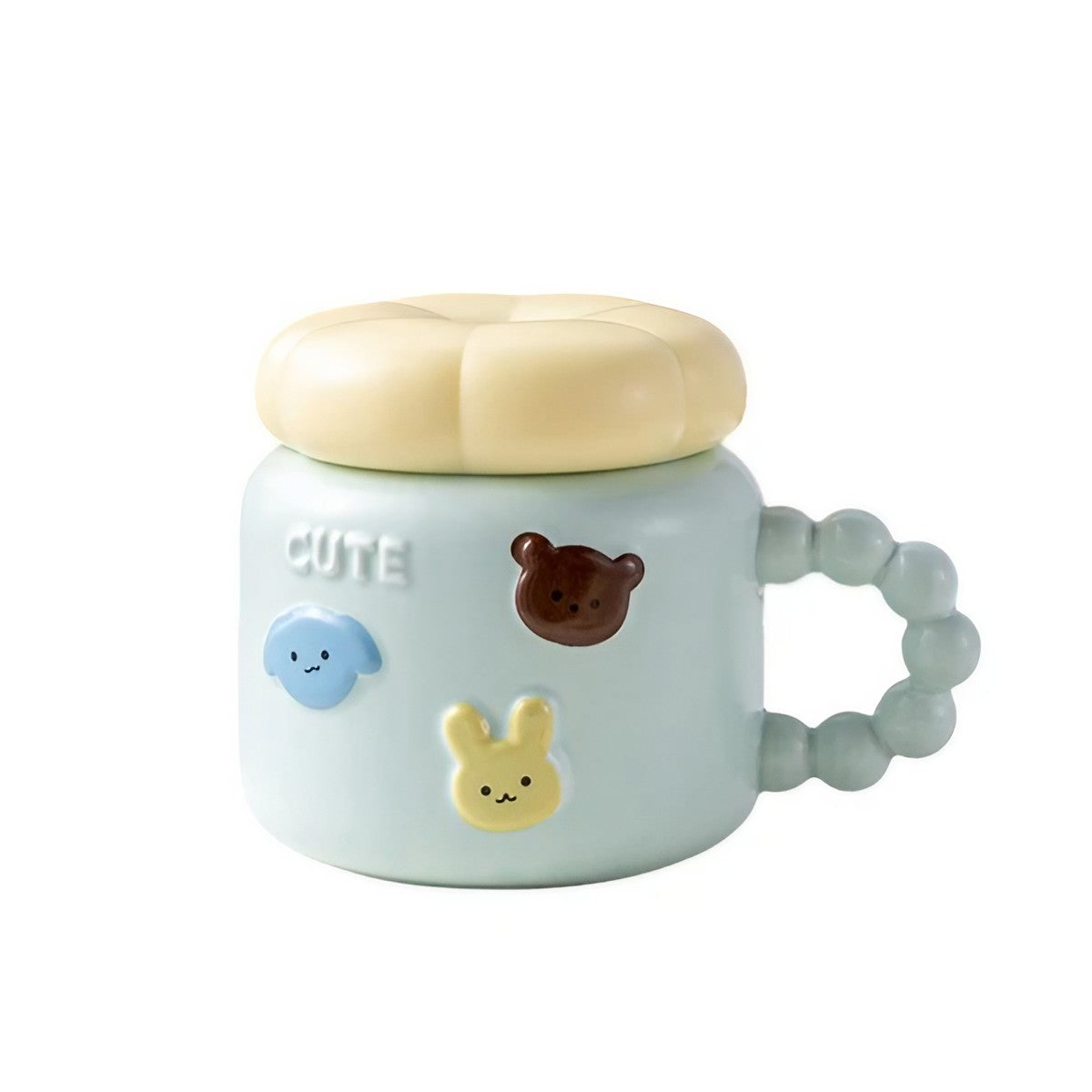 Cana pentru Copii, din Portelan, print Figurine Animalute, Model CUTE, Cana cu Capac, Ceasca pentru Cafea, Ceai, 400ml Albastru deschis