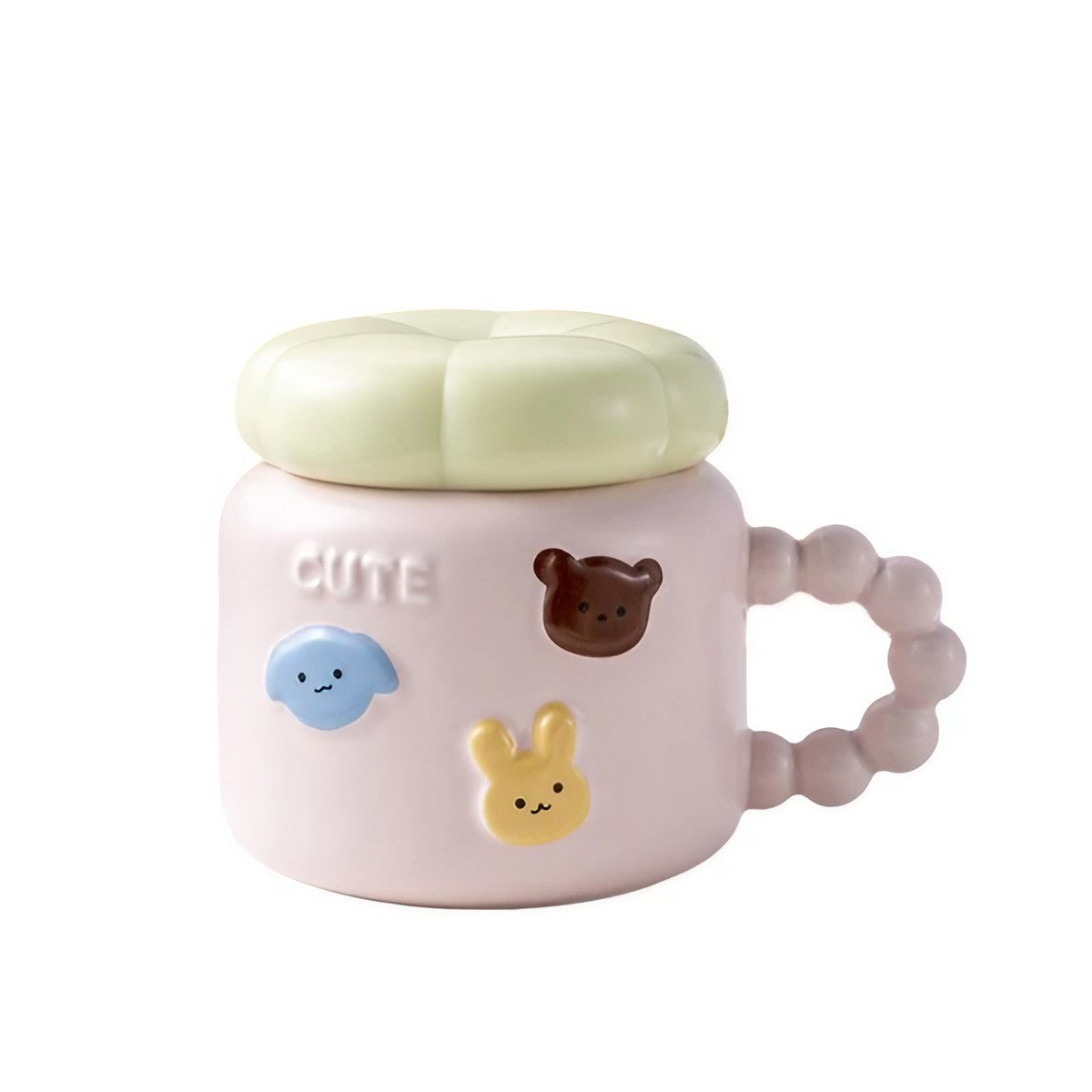 Cana pentru Copii, din Portelan, print Figurine Animalute, Model CUTE, Cana cu Capac, Ceasca pentru Cafea, Ceai, 400ml Roz