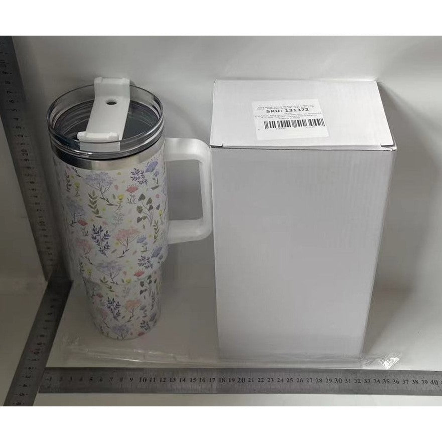 Cana Termos din Plastic, Flippy, pentru Bauturi Calde si Reci, cu Maner, Imprimeu Floral,  Alb, 10x7.6x27.5 cm