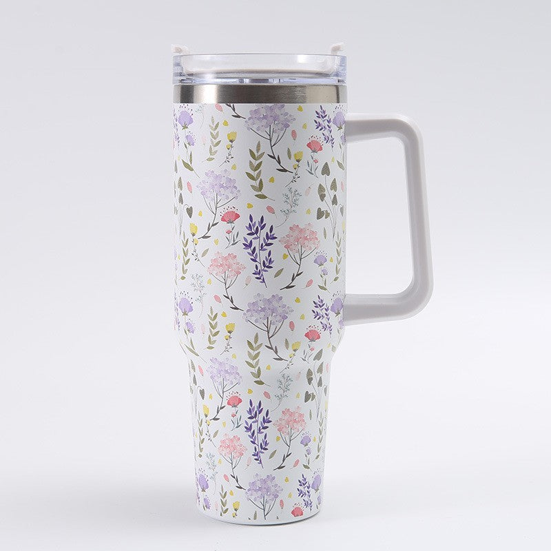 Cana Termos din Plastic, Flippy, pentru Bauturi Calde si Reci, cu Maner, Imprimeu Floral,  Alb, 10x7.6x27.5 cm