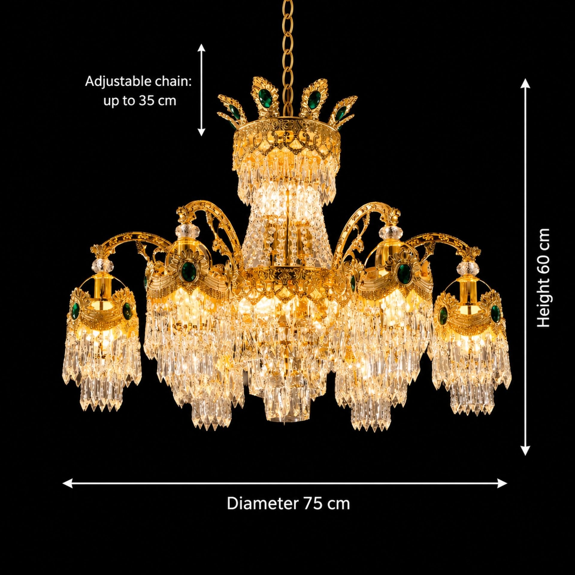 Candelabru Cristal 10xE14, D75cm, Auriu Lucios, Inaltime Reglabila, Metal si Cristal