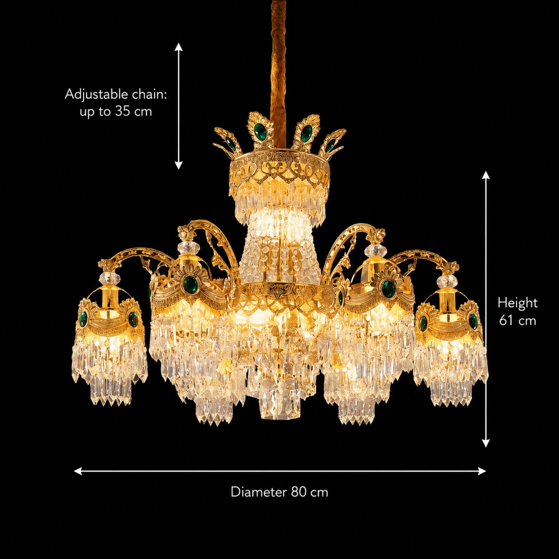 Candelabru Cristal 13xE14, D80cm, Auriu Lucios, Inaltime Reglabila, Metal si Cristal