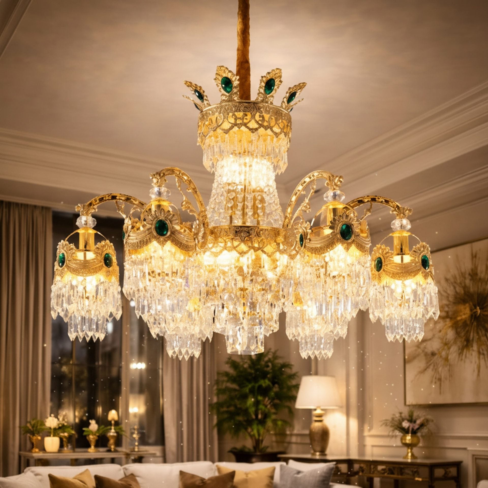 Candelabru Cristal 13xE14, D80cm, Auriu Lucios, Inaltime Reglabila, Metal si Cristal