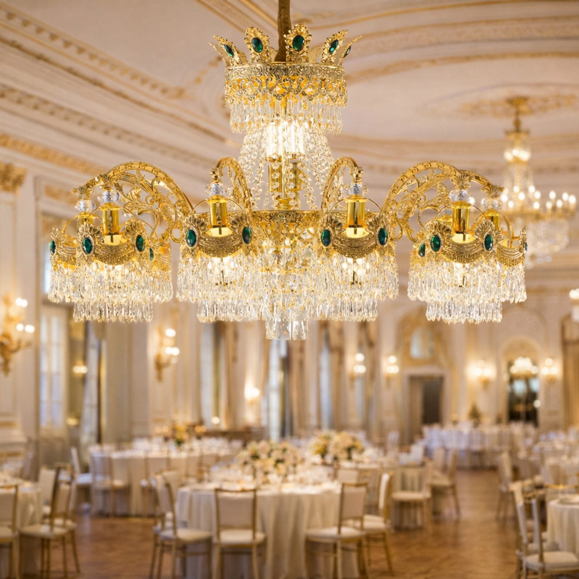 Candelabru Cristal 16xE14, D92cm, Auriu Lucios, Inaltime Reglabila, Metal si Cristal