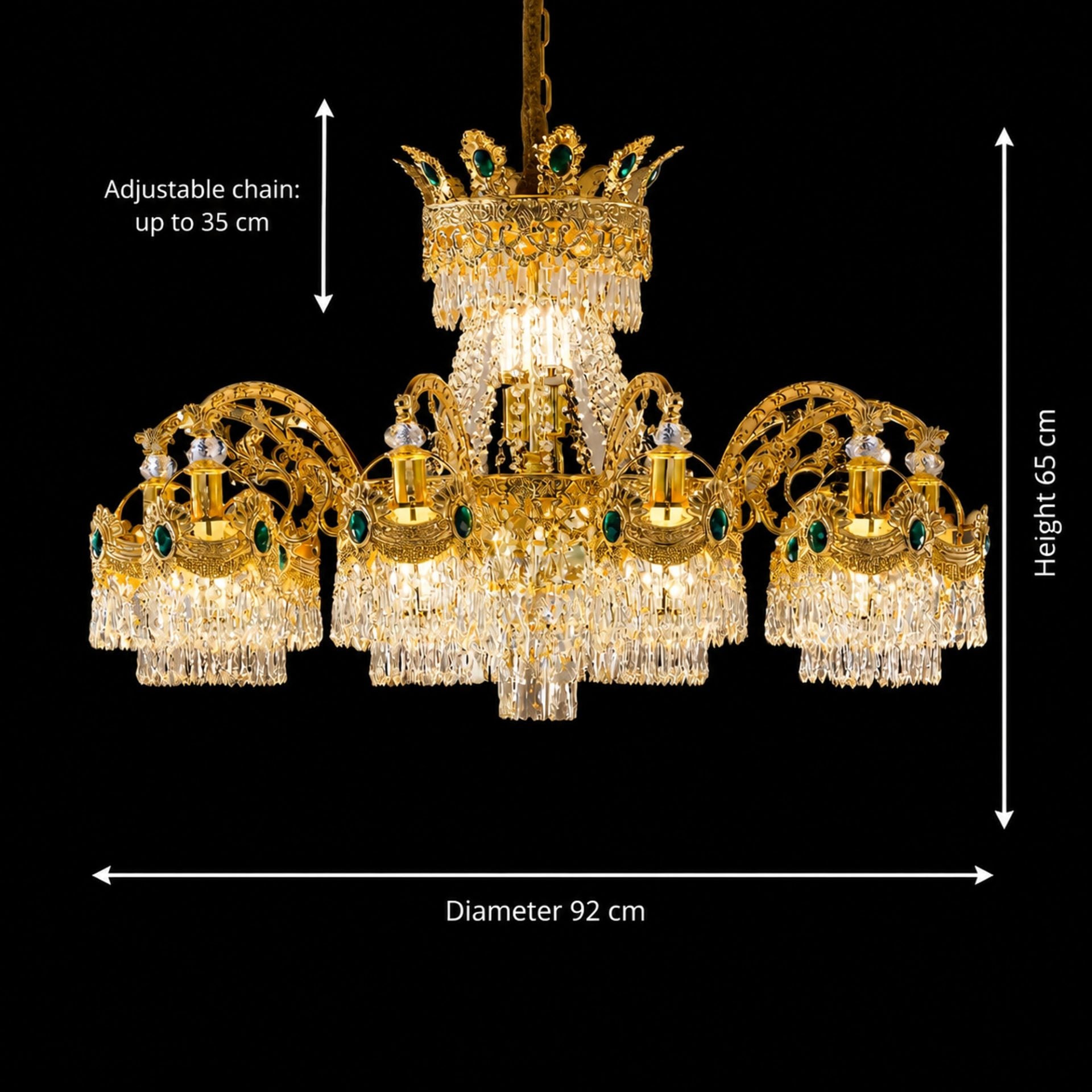 Candelabru Cristal 16xE14, D92cm, Auriu Lucios, Inaltime Reglabila, Metal si Cristal