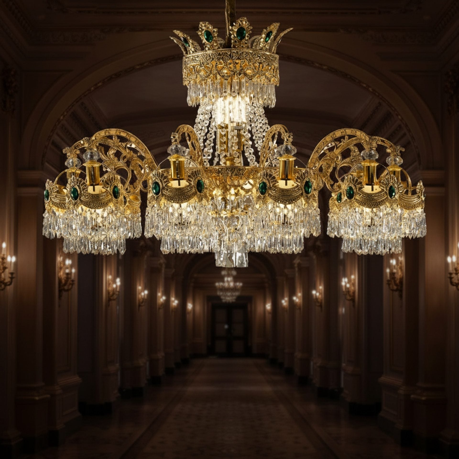 Candelabru Cristal 16xE14, D92cm, Auriu Lucios, Inaltime Reglabila, Metal si Cristal
