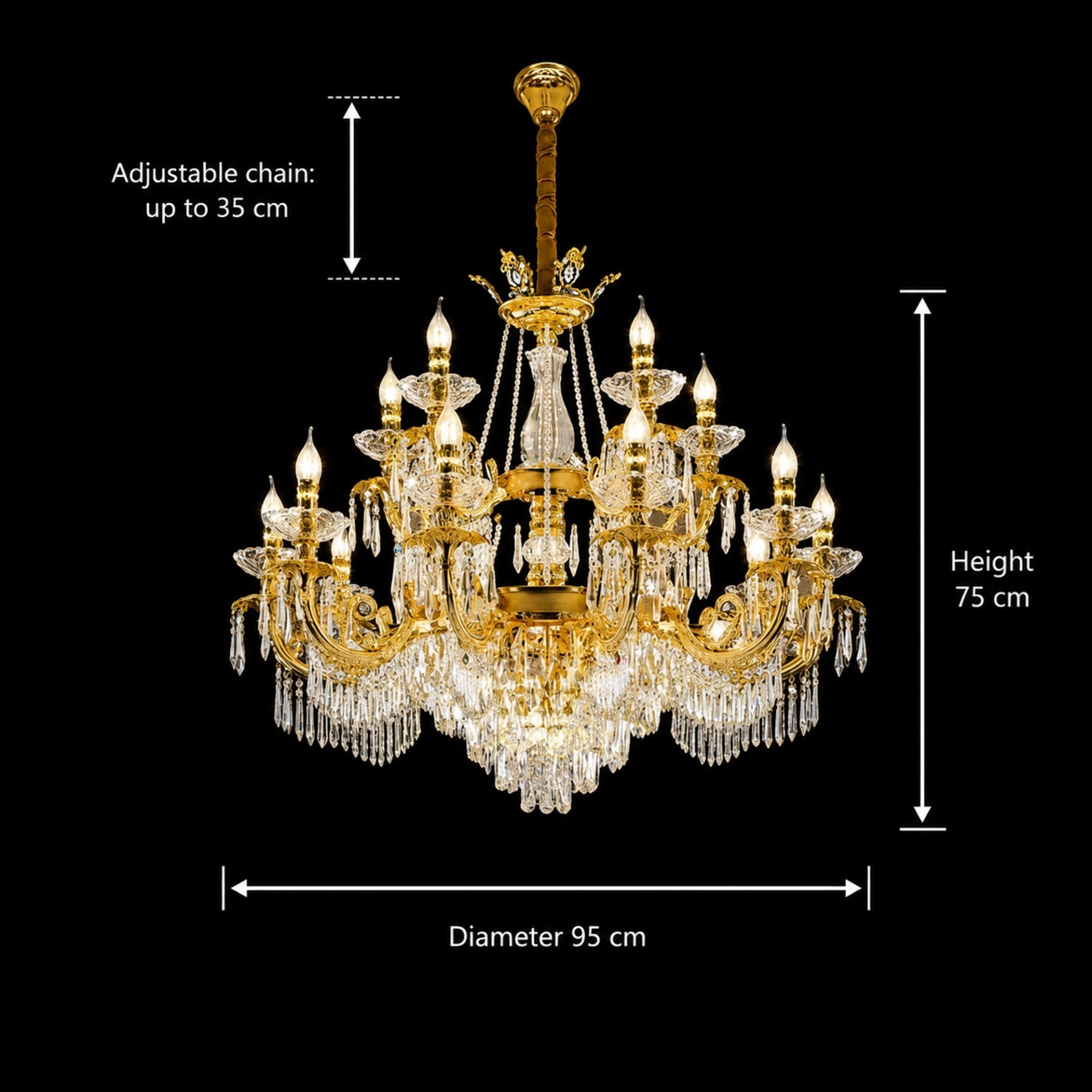 Candelabru Cristal 19xE14, D95cm, Auriu Lucios, Inaltime Reglabila, Metal si Cristal