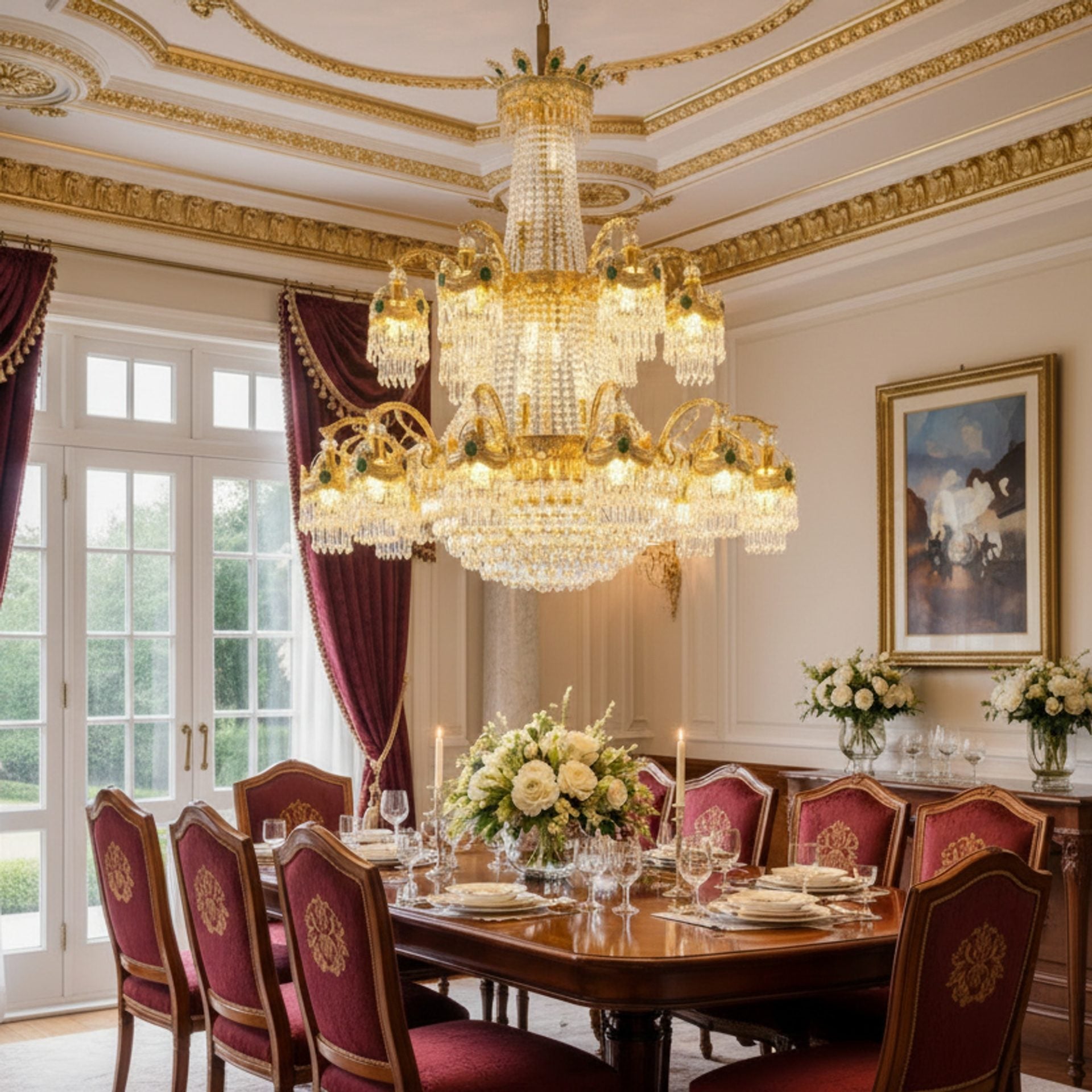 Candelabru Cristal, 31xE14, Diametru 115cm, Inaltime 130cm, Auriu Lucios, Inaltime Reglabila, Design Elegant
