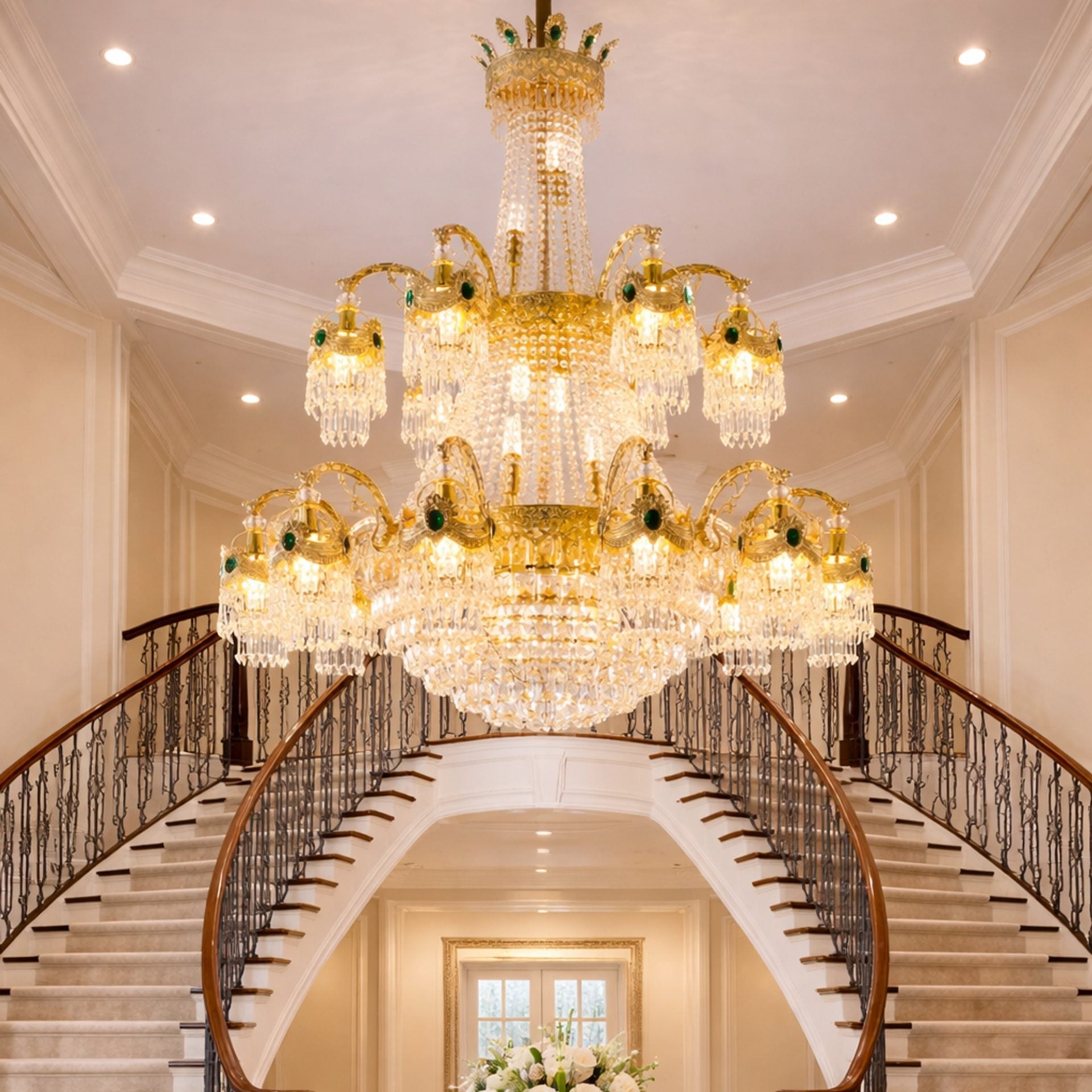 Candelabru Cristal, 31xE14, Diametru 115cm, Inaltime 130cm, Auriu Lucios, Inaltime Reglabila, Design Elegant