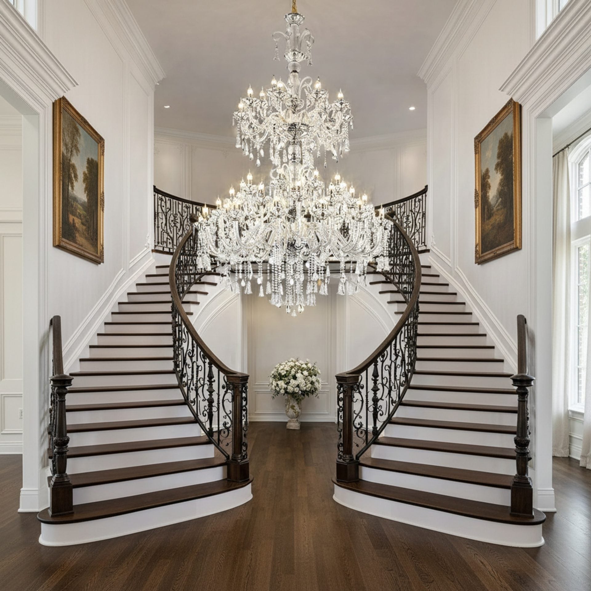 Candelabru Cristal, 55xE14, Diametru 145cm, Inaltime 230cm, Argintiu, Inaltime Reglabila, Design Elegant