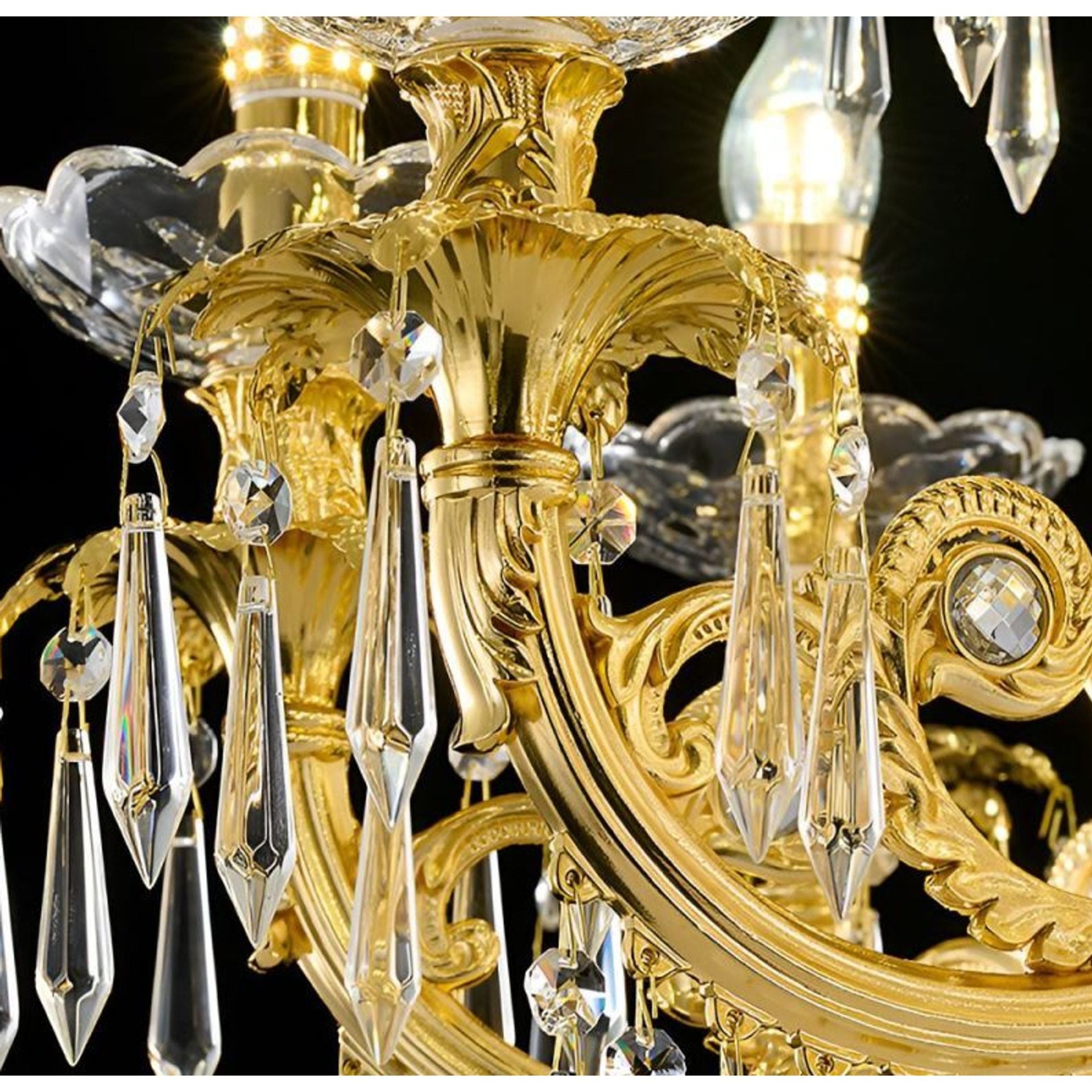 Candelabru Cristal 9xE14, D68cm, Auriu Lucios, Inaltime Reglabila, Metal si Cristal