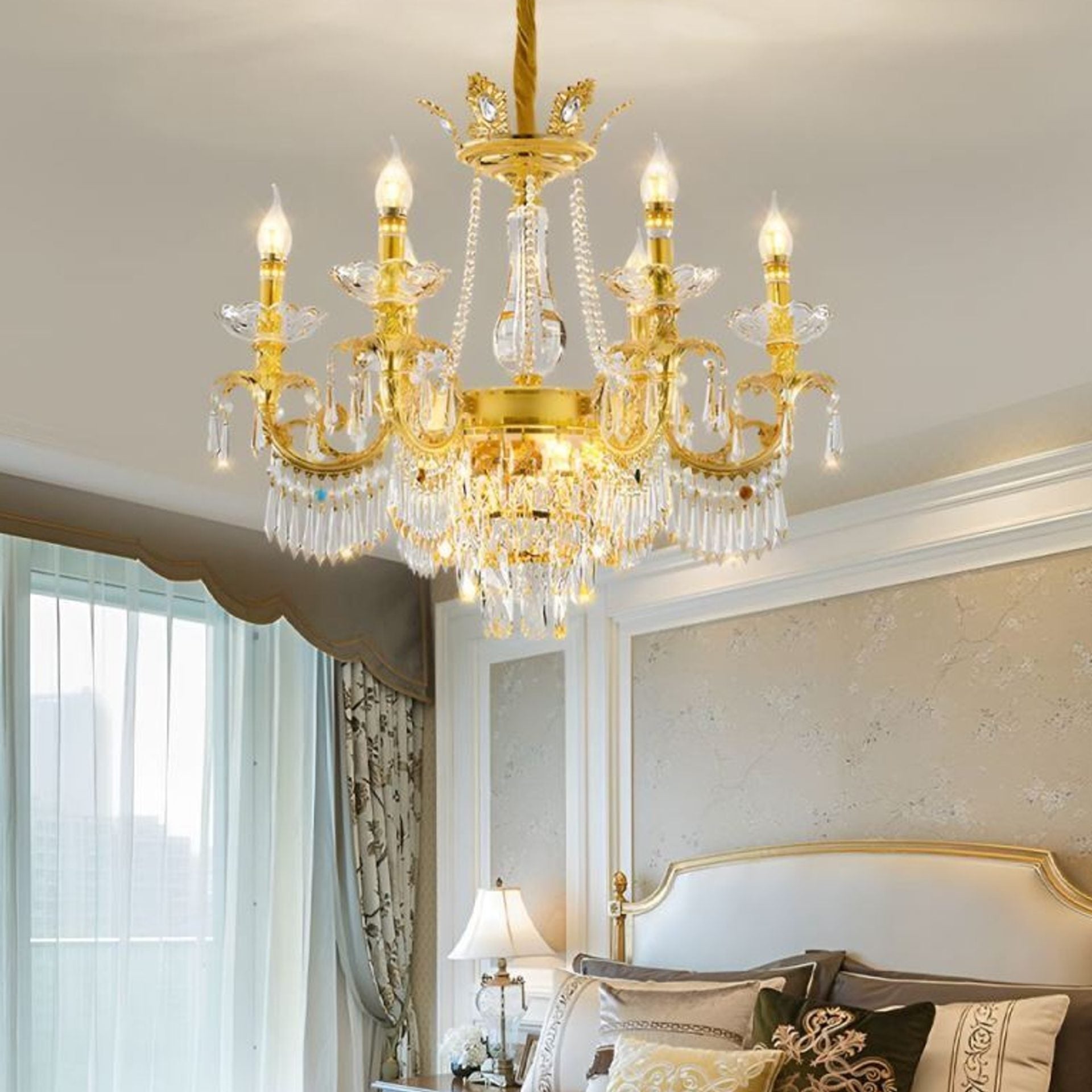 Candelabru Cristal 9xE14, D68cm, Auriu Lucios, Inaltime Reglabila, Metal si Cristal