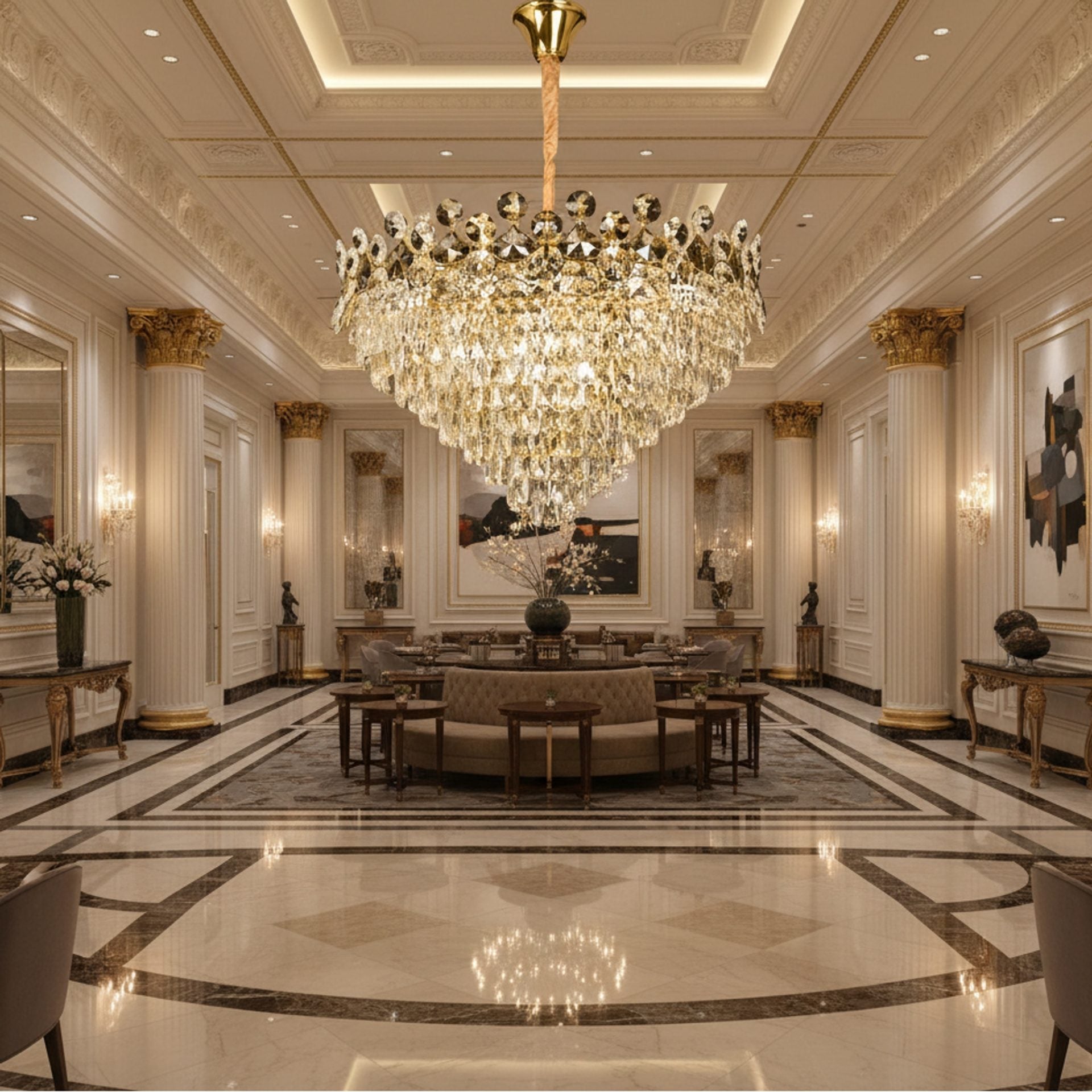 Candelabru Cristal ACE Regalis 22xE14, Diametru 80cm, Inaltime 40cm, Auriu Lucios, Inaltime Reglabila, Design Elegant