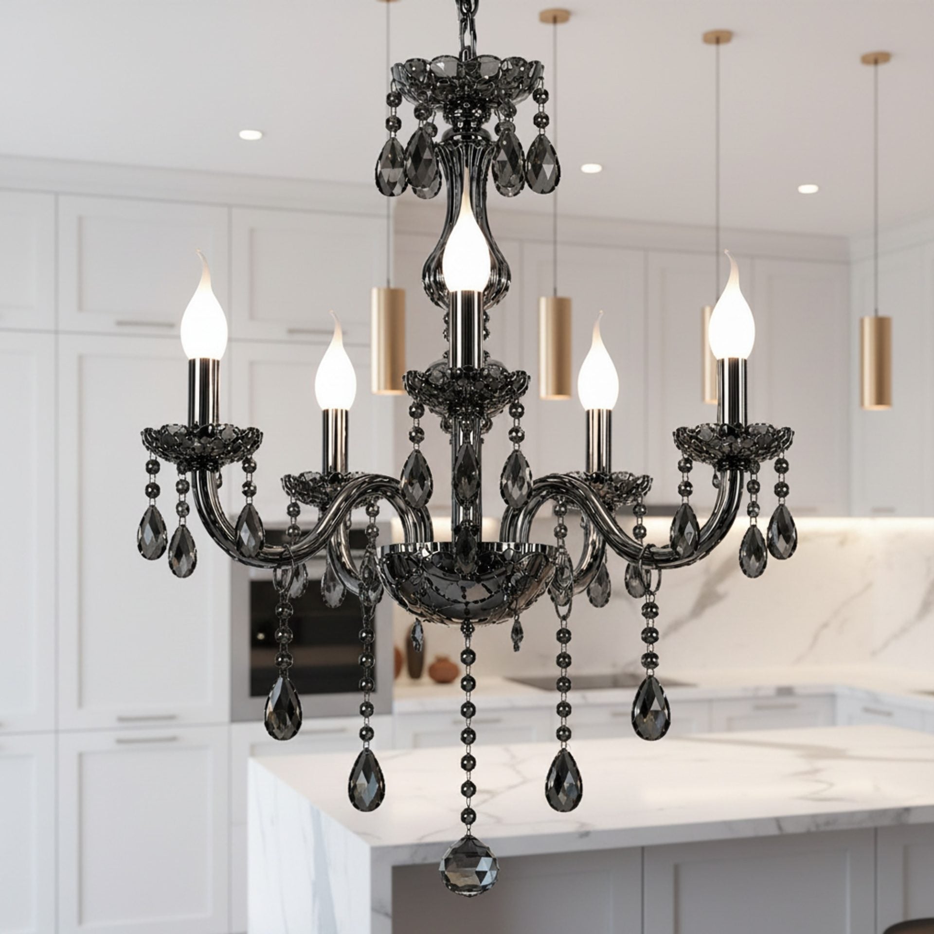 Candelabru Cristal ALNWICK Eleganza, 5xE14, Diametru 48cm, Negru, Inaltime Reglabila