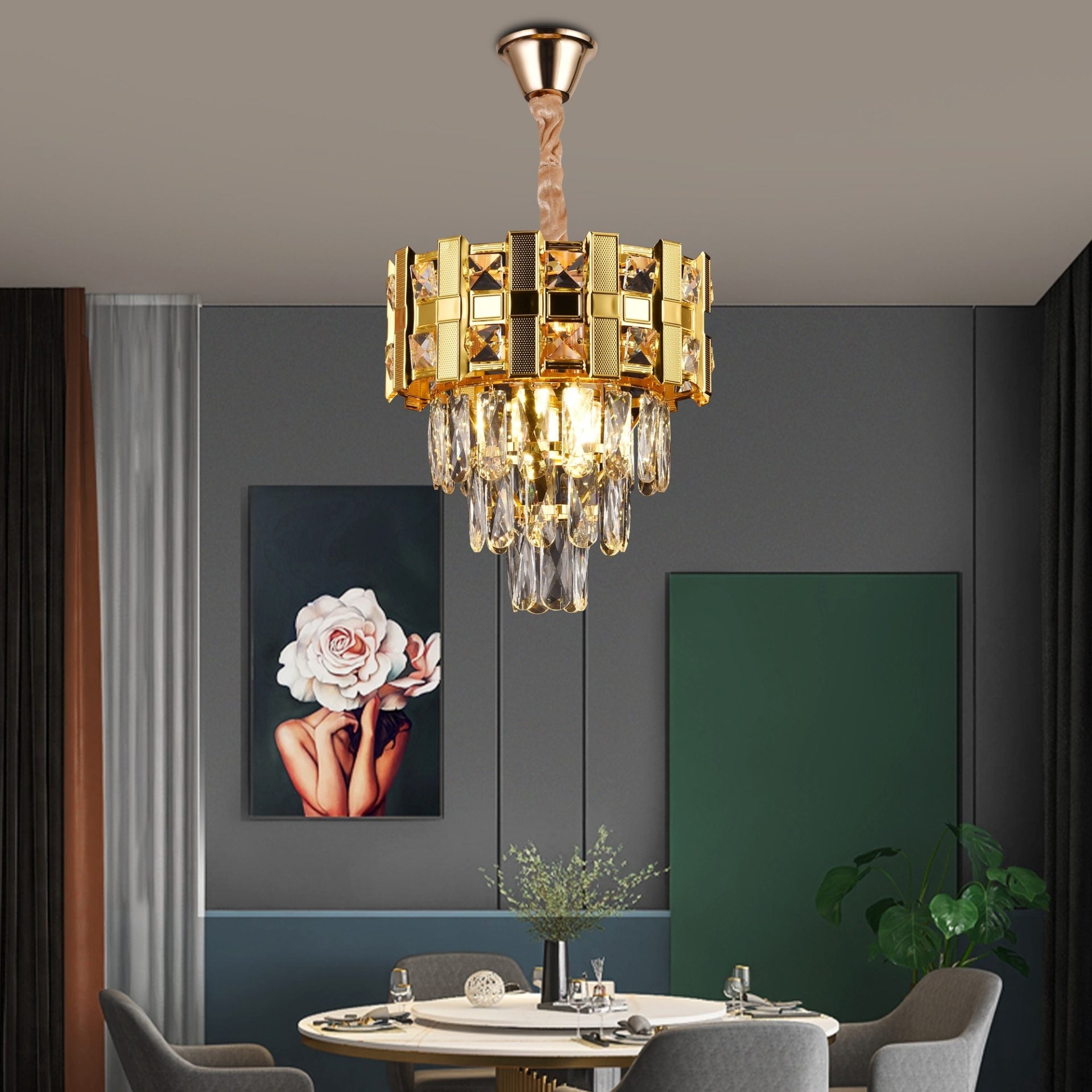 Candelabru Cristal BRAN Petito 3xE14, Diametru 30cm, Auriu Lucios, Inaltime Reglabila