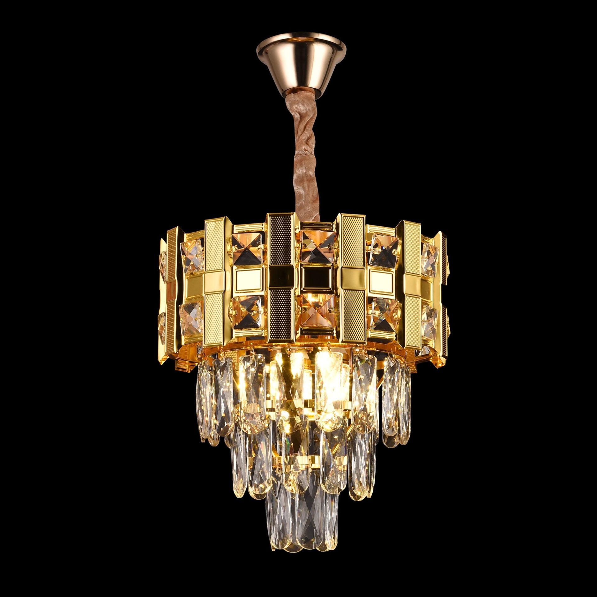 Candelabru Cristal BRAN Petito 3xE14, Diametru 30cm, Auriu Lucios, Inaltime Reglabila